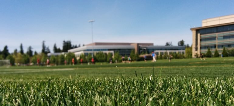 a green campus lawn with a sports field and modern academic building in the background